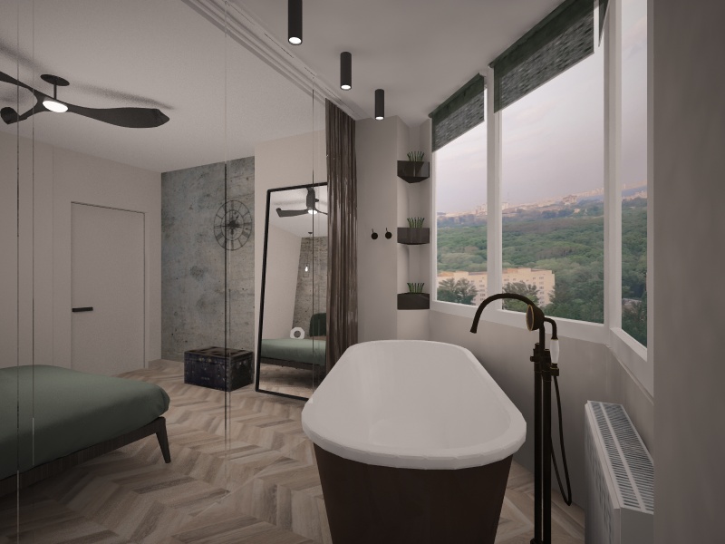 дизайн интерьера спальни с ванной на балконе