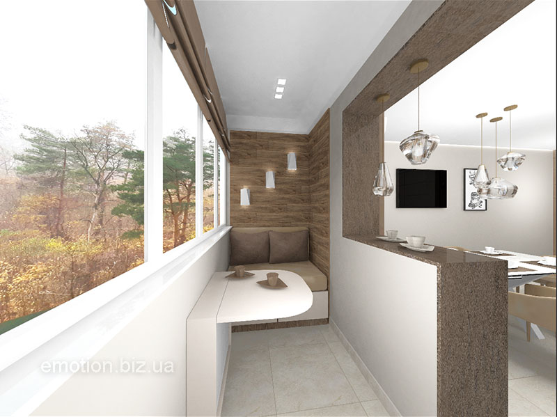 дизайн интерьера кухни объединенной с балконом
