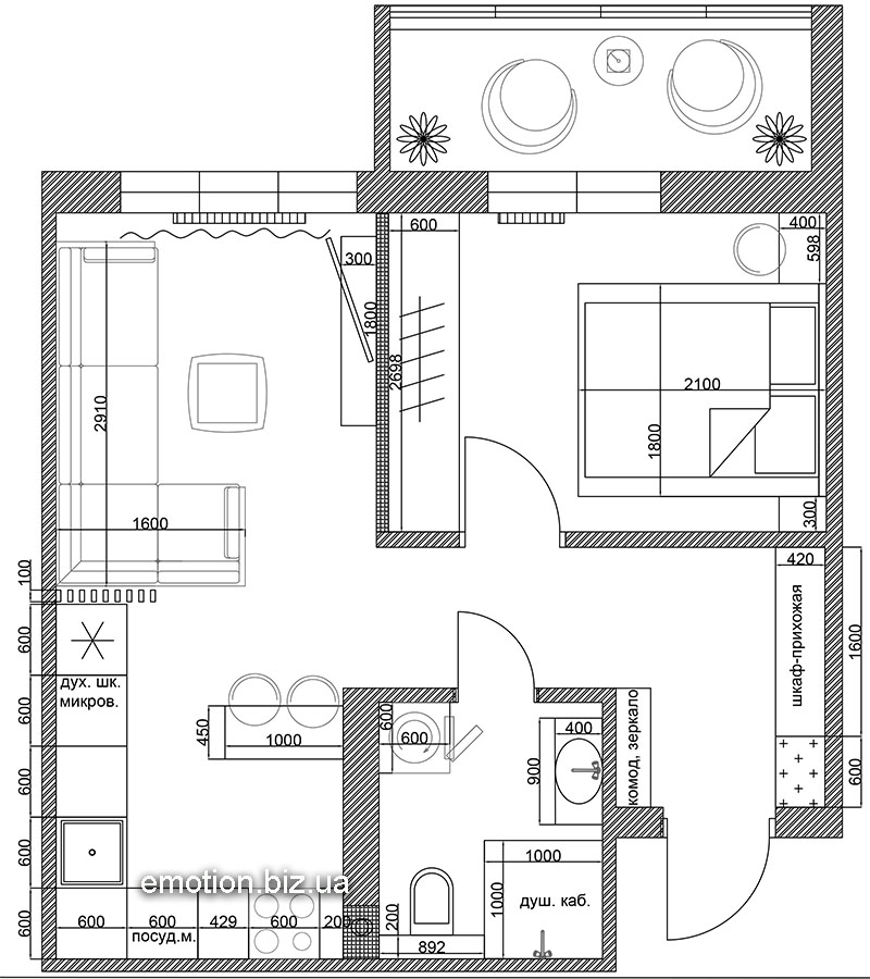 план перепланировки однокомнатной квартире и расстановка мебели