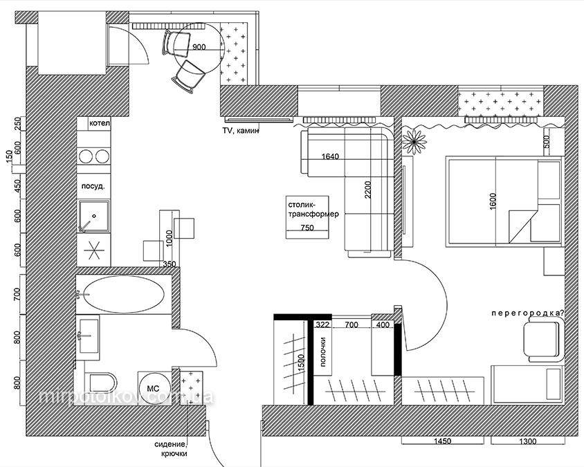 план перепланировки двухкомнатной квартиры в студию