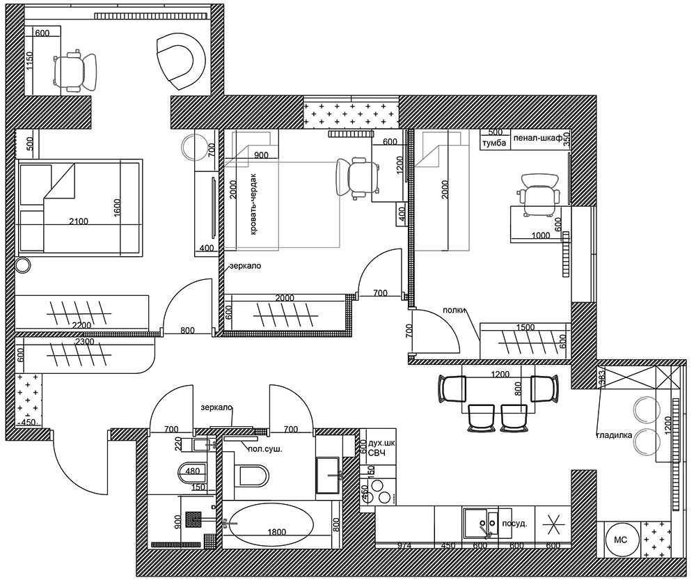 перепланировка двухкомнатной квартиры 65 кв.м. в трехкомнатную
