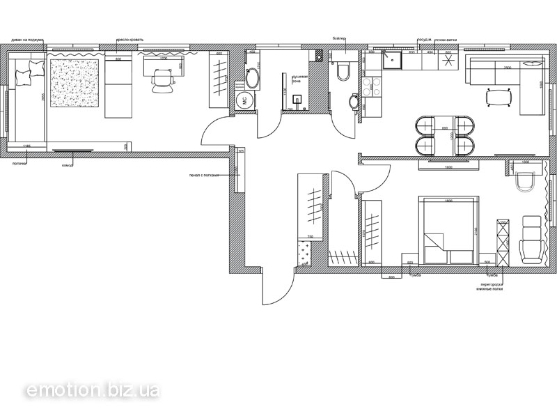 перепланировка двухкомнатной квартиры 75 кв.м. с кухней-студией